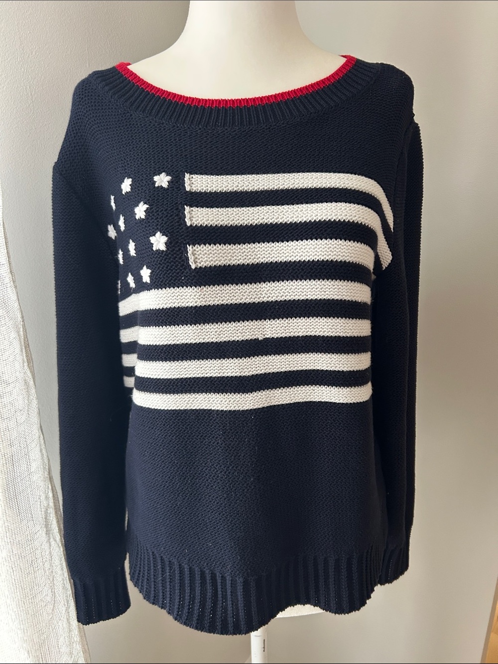 Talbots Navy Sweater with White Flag Motif and Red Trim, Size MP